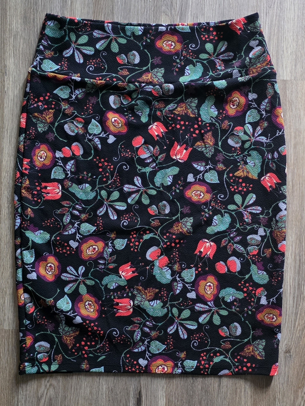 Floral Pencil Skirt - Black with Red & Green Floral Print